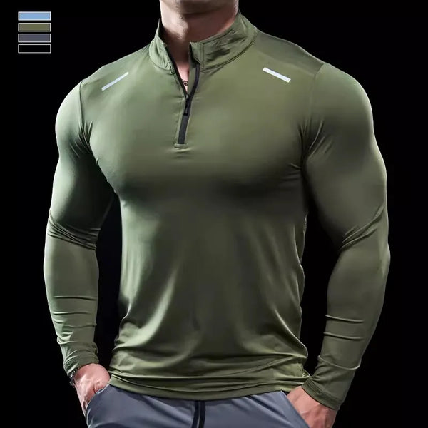 Camiseta con cremallera con cuello alto para hombre, gimnasio